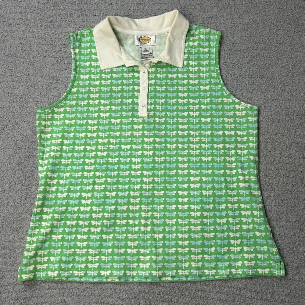 Talbots‎ Sleeveless Polo 90s Vintage XL Green Dragonfly Print Preppy Cottagecore